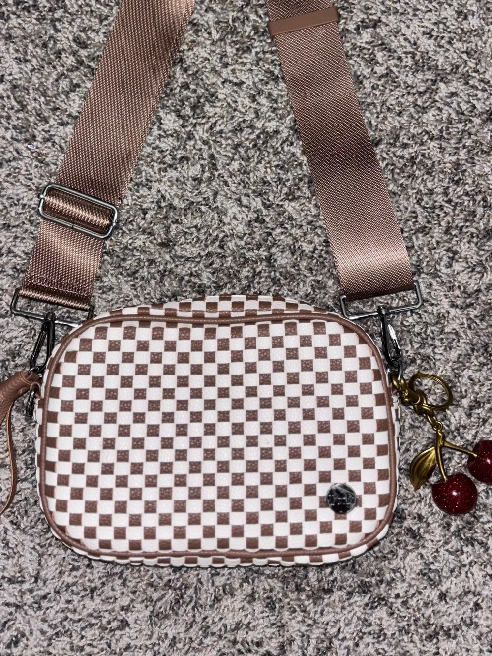 Women’s Checker Crossbody Bag in Brown and White with Adjustable Strap